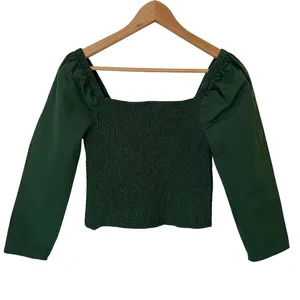 BB Dakota Smocked Puff Sleeve Top M Emerald Green‎ Cropped Minimalist Clean Girl thumbnail 2