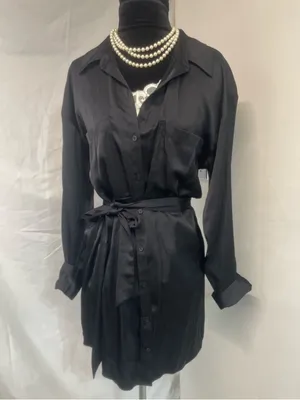 Abercrombie & Fitch Black Satin Button-Front Long Sleeve Shirt Dress w/Tie Belt thumbnail 3