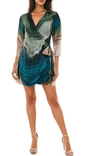 Socialite Olive Teal Abstract Marble Print Wrap Mini Dress WDR121749-N New Small thumbnail 1