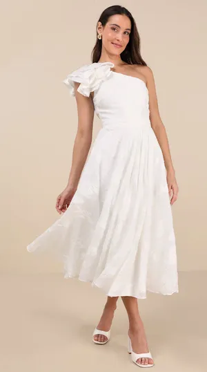 Lulus Sweet Definition White Burnout Ruffled One-shoulder Midi Dress - Size M thumbnail 1