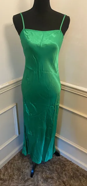 Pistola Mari Midi Maxi Slip Dress Fern Green Square Neck Satin Feel Slit Formal thumbnail 1