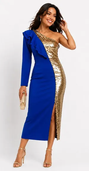 Womens One Shoulder Sequin Midi Dress Size XS Blue Gold Wedding Party Evening thumbnail 1