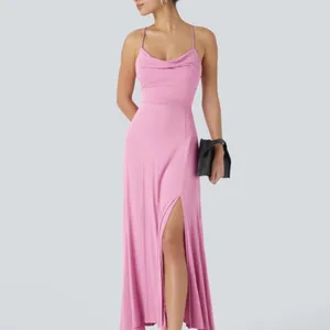 Halara Backless CrissCross Slit Midi Dress Lace Up Long Cowl Neck Pink Lilac NWT thumbnail 8