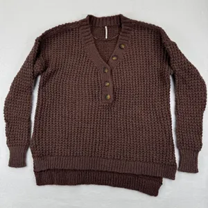 Free People Whistle Thermal‎ Henley Brownstone Combo Chunky knit Sweater Medium thumbnail 1