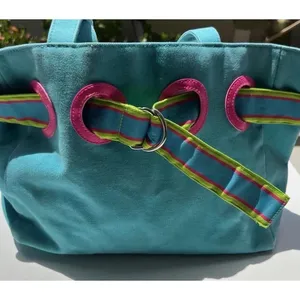 Vintage Polo Ralph Lauren Summer Canvas Tote Bag Purse Pink/Fuchsia & Blue thumbnail 3