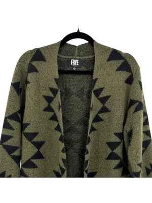 Frye The Cozy Cardigan Open Front Aztec Cardigan Sweater Large Olive Black thumbnail 3