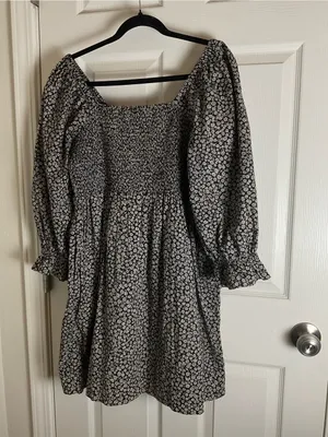 Madewell Black Floral Smocked Mini Dress Medium Cottagecore Puff Sleeve thumbnail 2