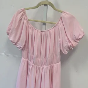 Fashion Pink Puff Sleeve Smocked Waist Mini Dress Cottagecore Pockets Small thumbnail 3