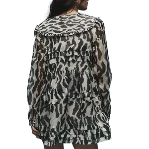 Maeve Anthro Animal Print Mini Dress XXS Gray Tiered Ruffle Long Sleeve Chiffon‎ thumbnail 2