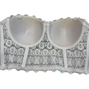 White Lace Bustier Crop Top Womens M Beaded Rhinestone Corset Cami Y2K Bridal thumbnail 10