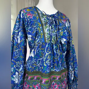 Royal Blue Multicolored Floral Print Double Tie Neck Bishop Sleeve Blouse thumbnail 5