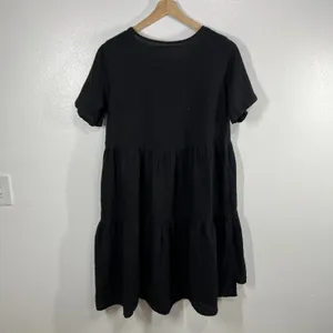 Belongyun Linen Midi Dress Embroidered Floral Tiered Short‎ Sleeve Black Casual thumbnail 3
