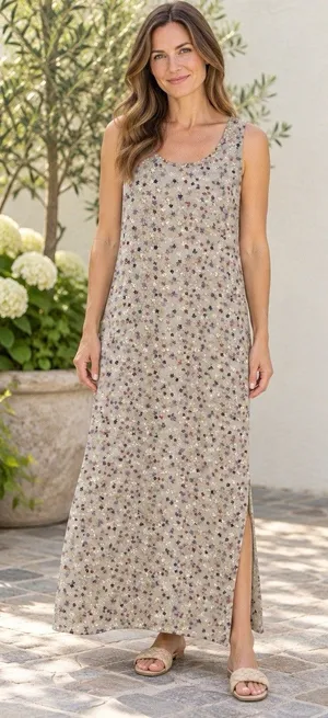 Reversible Maxi Dress L XL Floral Polka Dots Sleeveless Side Slits Tan Gray Mult thumbnail 1