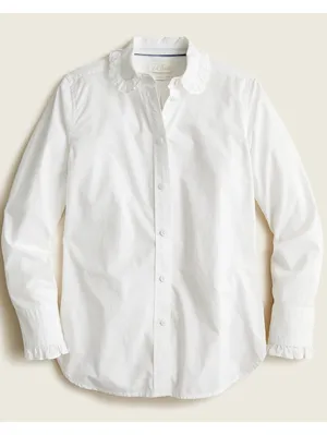 J Crew Classic Fit Ruffle Collar Shirt White Cotton Button Blouse Size 8 thumbnail 3