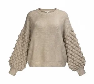 DEBUT Oatmeal Beige Knit Sweater Puffy Crocodile Stitch Sleeves Medium Cropped‎ thumbnail 1