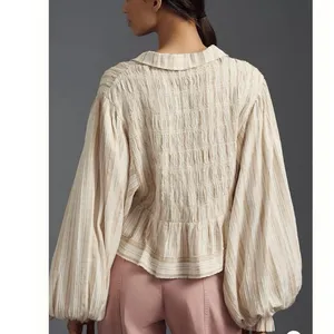 By Anthropologie Size M Balloon Sleeve Scoop Neck Collared Blouse Neutral Stripe thumbnail 2