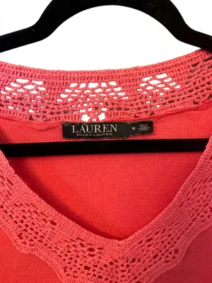 LAUREN Ralph Lauren Coral Crochet-Trim V-Neck Short Sleeve Top thumbnail 2