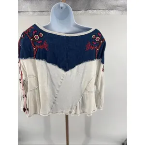 Free People We The Free Rio Henley Small Cream Navy Embroidered Indie Boho thumbnail 13