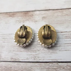 Vintage Clip On Earrings - White Oval with Faux Pearl Halo thumbnail 3