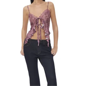 Cider Carmine Lace Ruffle Tie-Front Floral Cami Top – Size L (US 8) thumbnail 3
