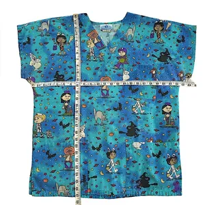 Vtg 90s Eureekas Castle Halloween Scrub Top small Cute Cartoon Teal Blue Nurse thumbnail 9