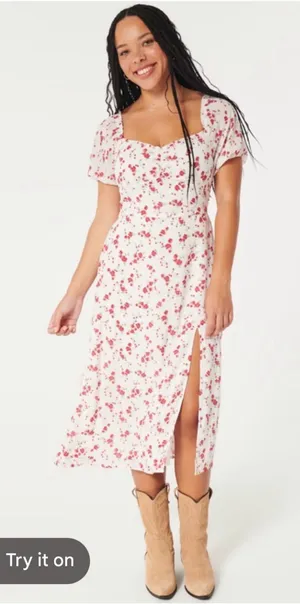 Hollister White Midi Dress with Pink Floral Print thumbnail 1