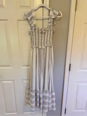 Blu Pepper Striped Smocked Ruffle Trim Midi Dress - Size Medium thumbnail 3