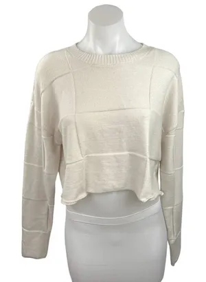PacSun L.A Hearts Cream Long Sleeve Crew Neck Knit Checked Crop Sweater Top M thumbnail 1