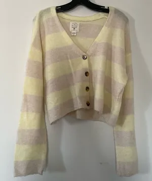 Billabong Coastal Boho Cropped Cardigan Small Beachy Purple Yellow Striped thumbnail 1