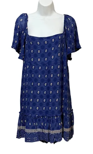 Maeve Anthropologie Blue Block Print Open Back Ruffle Mini Dress Large thumbnail 1