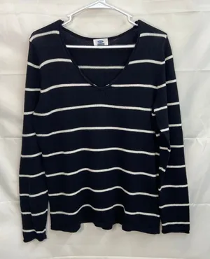 Old‎ Navy women's black white striped v-neck knit cotton blend sweater casual L thumbnail 1