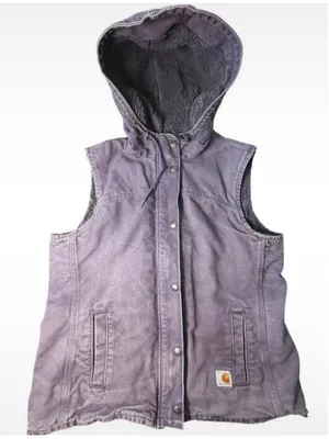 Vtg Women's Carhartt Hooded Vest Large Faded Purple Grey Sherpa Lined Canvas thumbnail 2