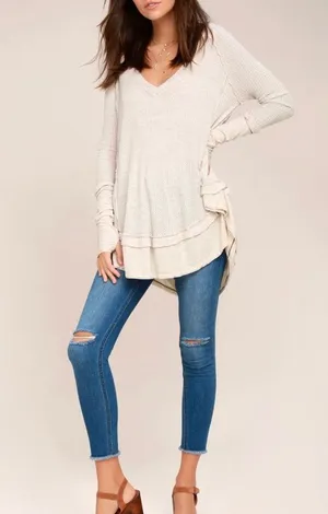 We The Free Free People Laguna Light Beige Thermal Long Sleeve Top Women Size XS Thumb Holes thumbnail 4