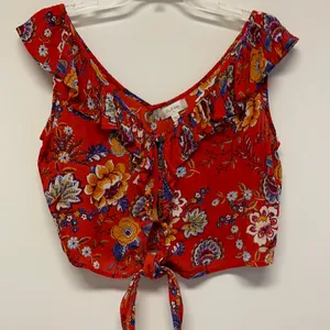NWOT Altar’d State Red Floral Crop Top with Ruffle Accents & Tie at front size M thumbnail 1