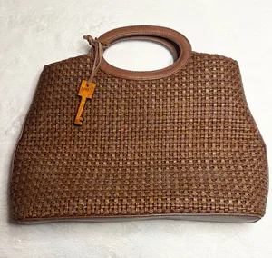 Vintage Fossil Brown Woven Tote Bag with Leather Trim & Logo Key Charm thumbnail 1