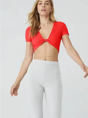 Alo ribbed knotty short sleeve Pilates top in red hot summer size small thumbnail 1