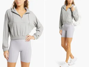NEW Zella Half Zip Ribbed Hoodie Women's Elastic Waist Light Gray Size Large thumbnail 2