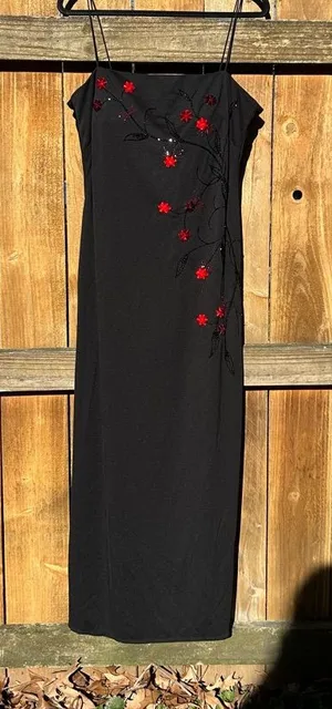 Vintage 90s/Y2K Goth Fairy Embellish 3D Flowers Spaghetti Strap Maxi Dress Sz 14 thumbnail 1