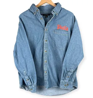 Port Authority Fiesta Graphic Denim Button Up Shirt Size L Long Sleeve Cowboy thumbnail 3