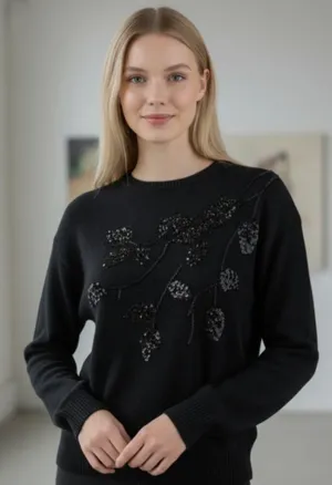 Vintage 80's/90's Jade Black Sequin Embellished Cotton Ramie Sweater Size Large thumbnail 1
