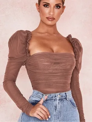 House Of CB Emme Mocha Ruched Chiffon Puff Sleeve Bodysuit Top Size Large thumbnail 1