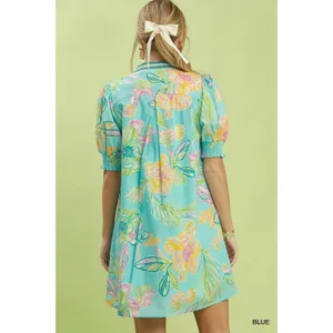 Umgee Botanical Print‎ Dress with Smocked Cuffs - Blue - Small thumbnail 3