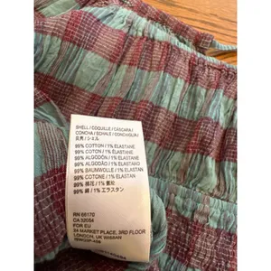Free‎ People Turquoise Burgundy Plaid Smocked Off Shoulder Peplum Top XS thumbnail 6