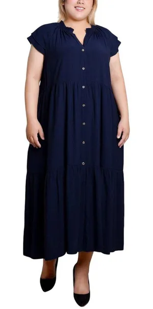 NWT Ny Collection Womens Plus Size Short Sleeve Slubbed Midi Dress Navy Blue 3X thumbnail 1