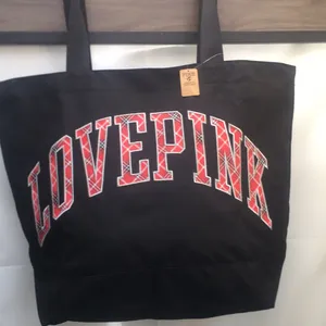 New VS PINK 2022 Black with Plaid Logo Weekender Tote Shoulder Bag thumbnail 2