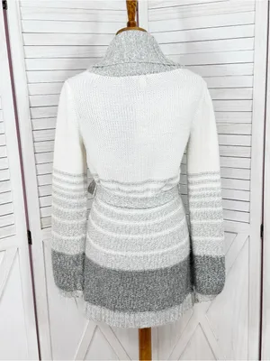 St. John's Bay Stripe Colorblock Shawl Collar Belted Cardigan Sweater Grey White thumbnail 4