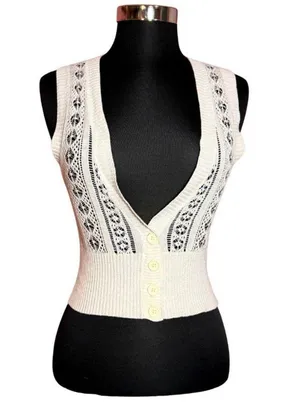 Heritage 1981 Crocheted Boho Cotton Sweater Vest Cream Sz S thumbnail 1