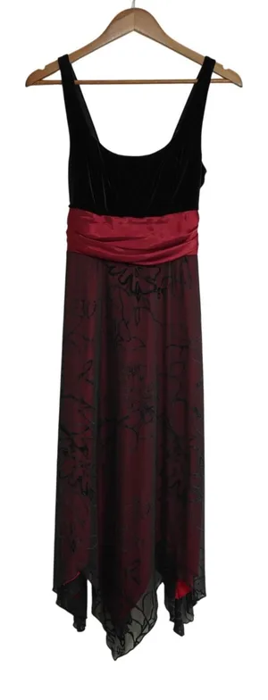 Studio Y 90s Y2K Whimsigoth Black Velvet Midi Dress‎ Red Floral Handkerchief thumbnail 1