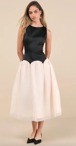 Lulus Contemporary Elegance Black and Cream Satin Tulle Midi Dress Large NWT thumbnail 1
