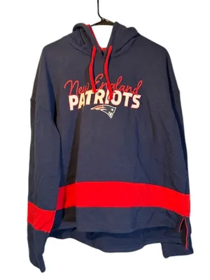 NFL Navy Blue Red Striped Hooded Patriots Boston Football Pullover Women Sz XL thumbnail 1